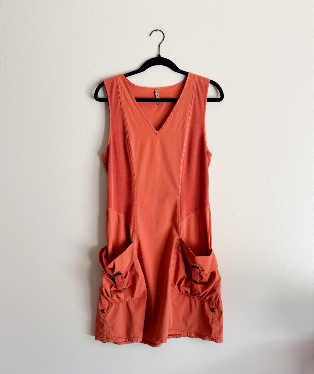 XCVI Burnt Orange Twill Penta V Neck Ruched Pocket Mini Dress Small